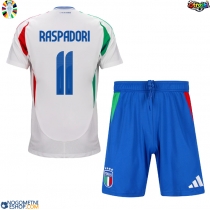 Otroški Nogometni dresi Italija Giacomo Raspadori #11 Gostujoči EP 2024 Kratek Rokav (+ Kratke hlače)